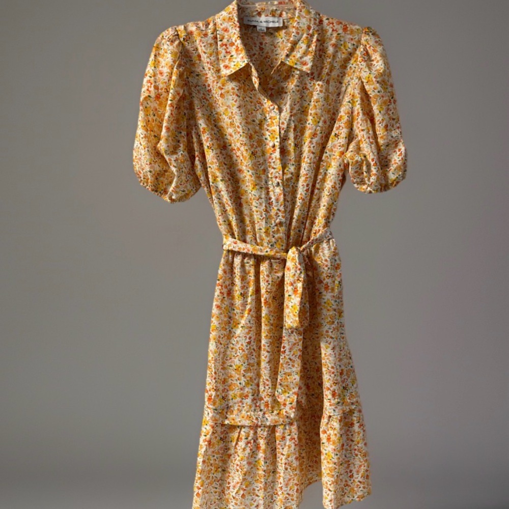 Emma & Michele Women's Floral Orange Dress One-tiered Dress Size L minimalist